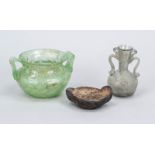 2 hand-blown glass vessels and an oil lamp, 20th century, probably replicas of antique models. A