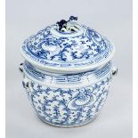 Lidded pot, China, 19th century, bobalt blue lotus tendril decoration, lid with figural knob (