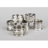 Six napkin rings, 20th century, various makers, silver of different finenesses or tested, each