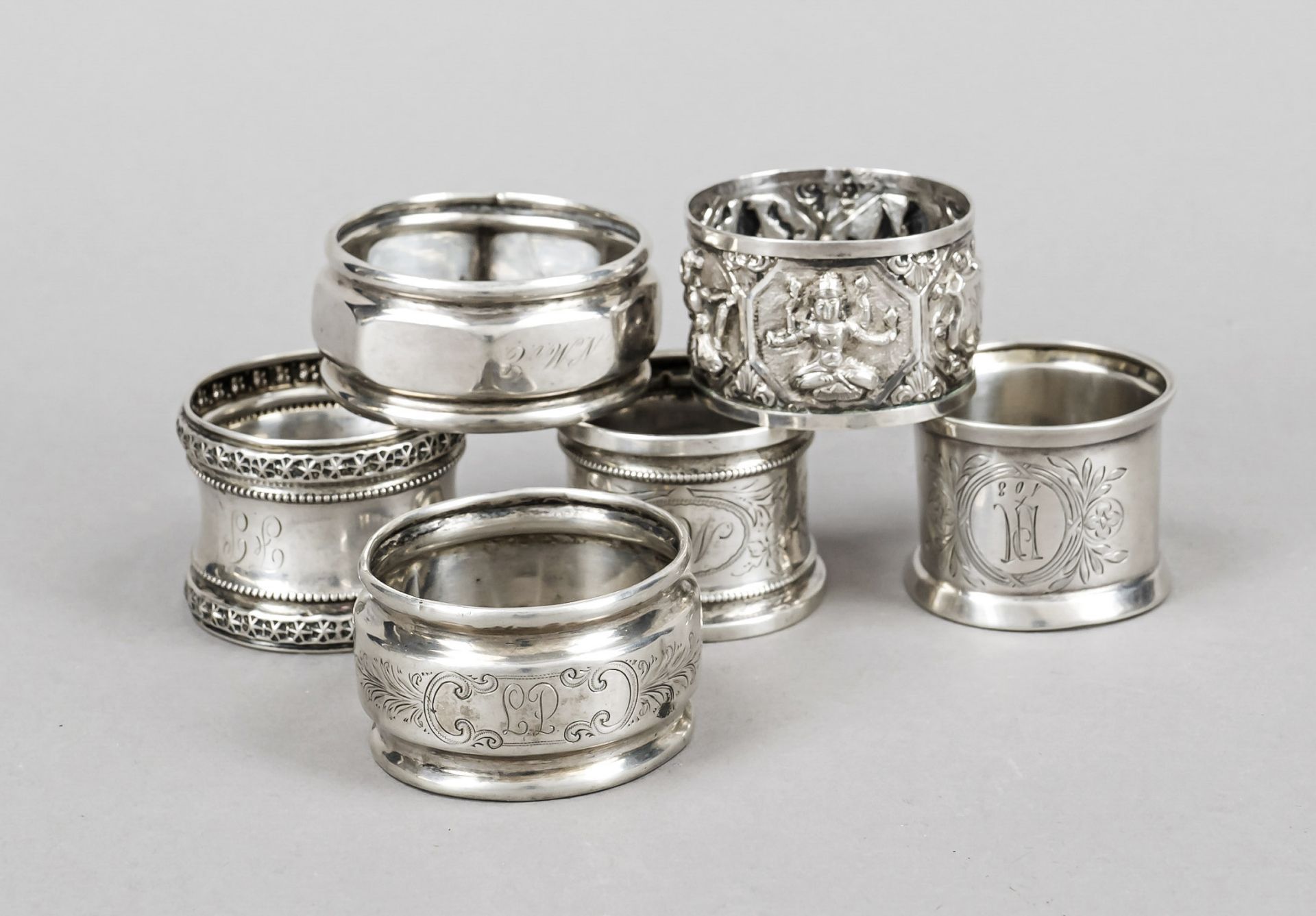 Six napkin rings, 20th century, various makers, silver of different finenesses or tested, each