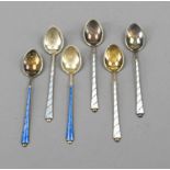 Six demitasse spoons, Denmark, 20th century, sterling silver 925/000, gilt, handles with colored