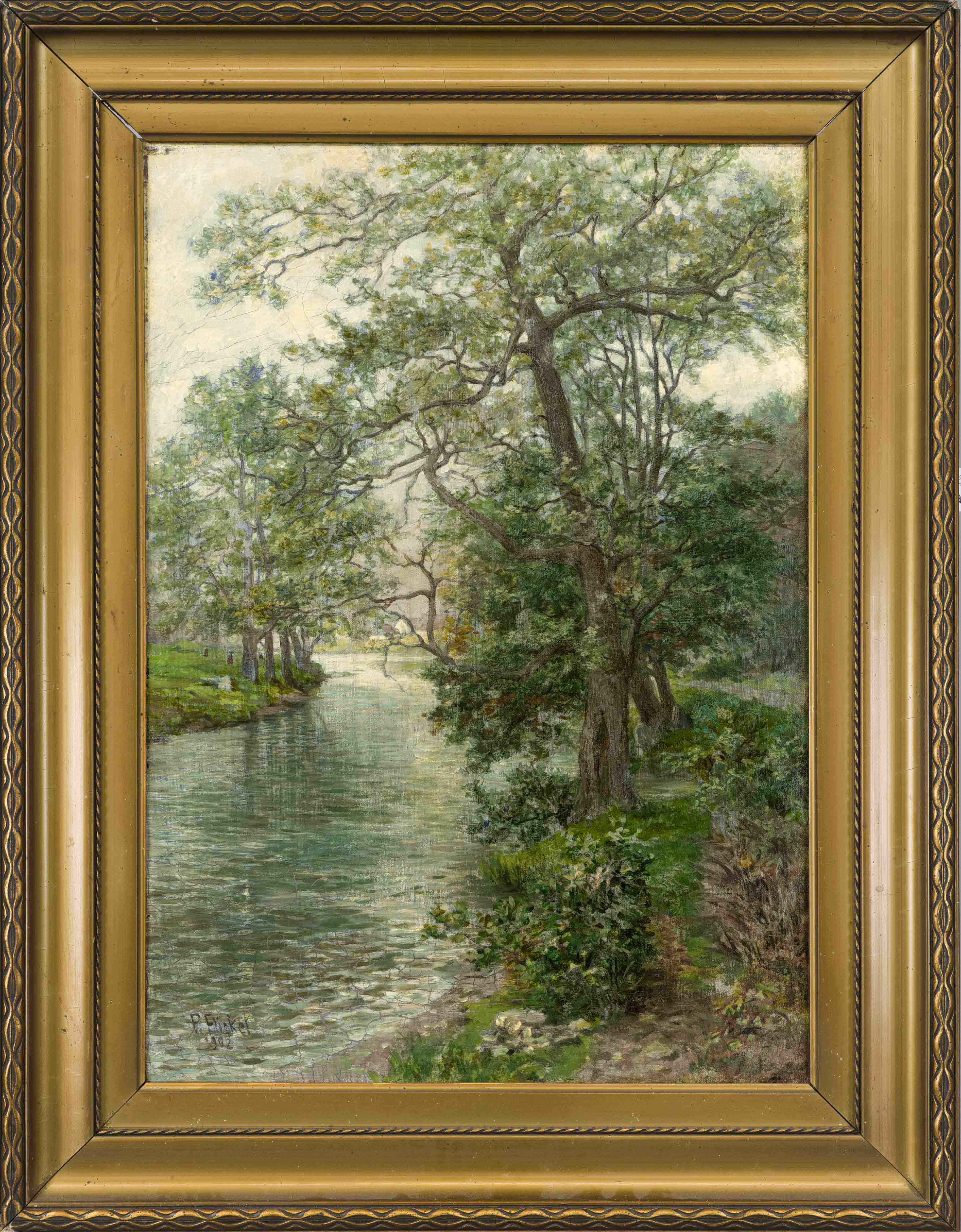 Paul Franz Flickel (1852-1903), baumbestandenes Flußufer, oil on canvas, signed and dated 1903 lower