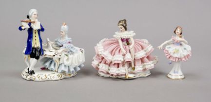 Three tulle lace figures, 20th century, ballerina in dance pose, Aelteste Volkstedter, Thuringia,