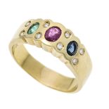 Multicolor ring GG 750/000 with an oval faceted ruby, emerald and sapphire 4.8 x 3.6 mm and 4.0 x