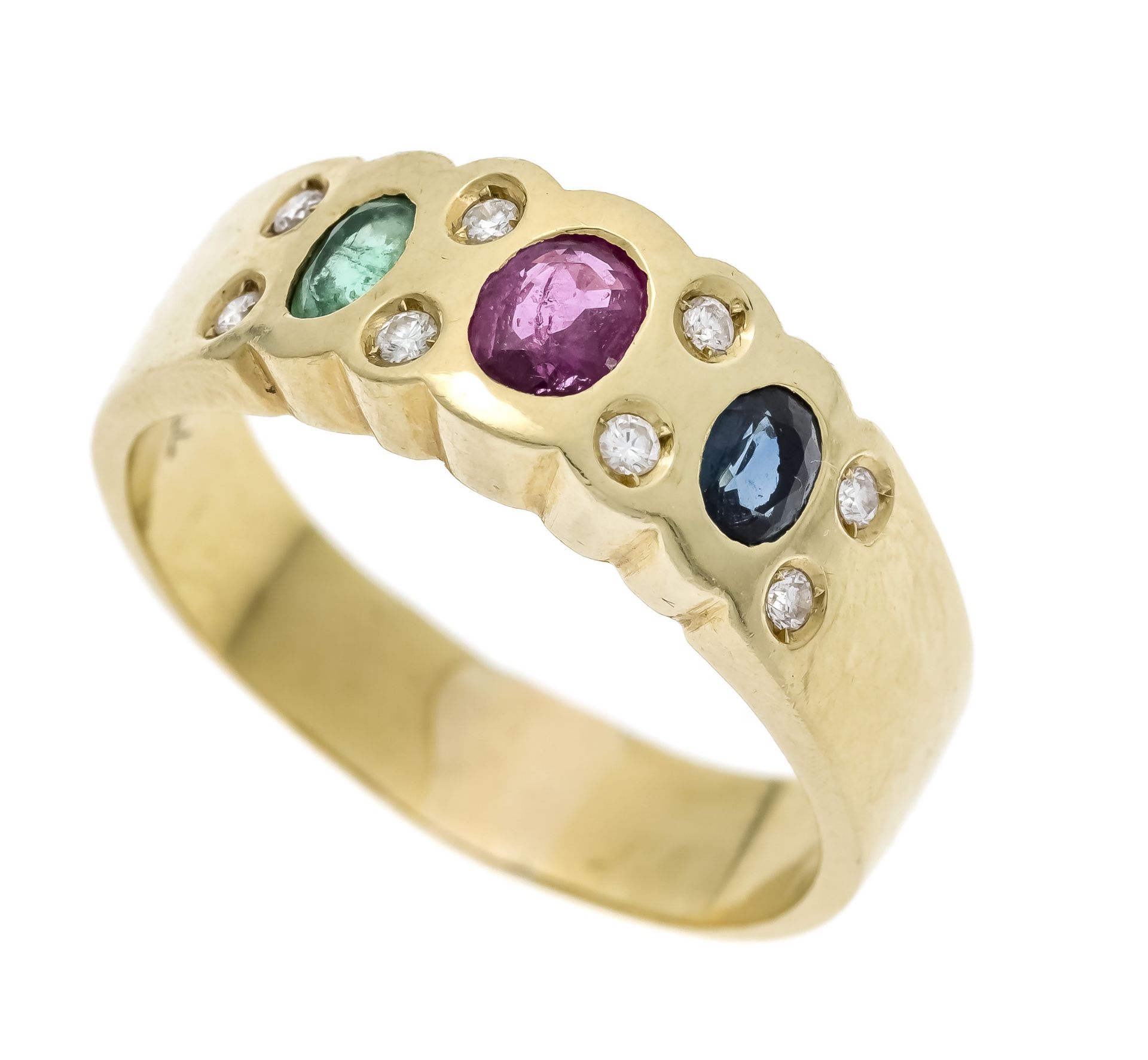 Multicolor ring GG 750/000 with an oval faceted ruby, emerald and sapphire 4.8 x 3.6 mm and 4.0 x