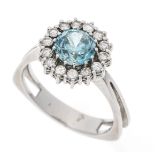 Blue zircon diamond ring WG 750/000 with a round faceted blue zircon 7.5 mm, facets l. bumped and 14