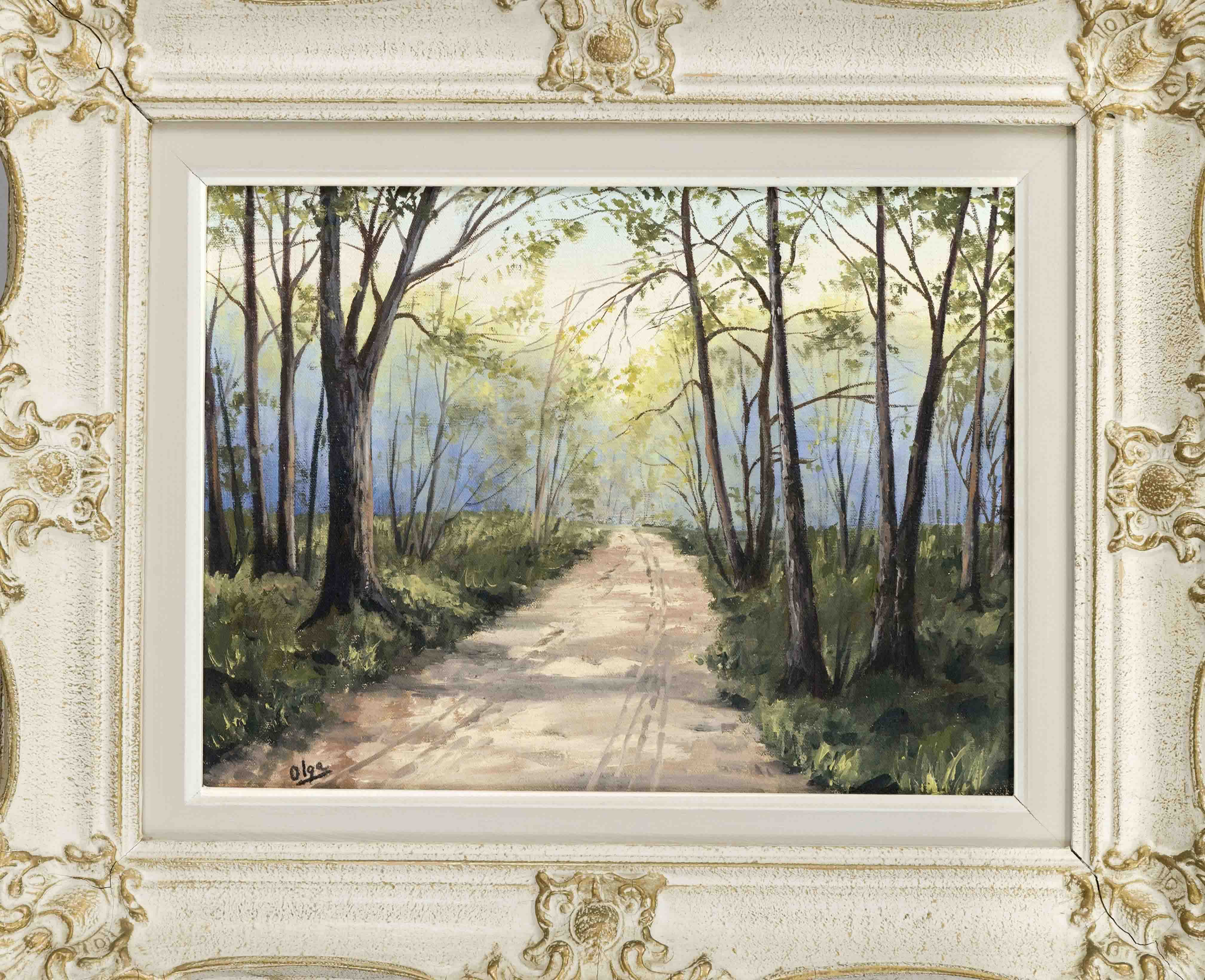 Grand Duchess Olga Alexandrovna Romanova (1882-1960) (attrib.), sunlit forest path, oil on