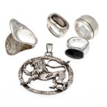 5-piece silver set with an oval cushion-cut faceted black gemstone and an oval faceted smoky quartz,