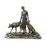 Louis Riché (1877-1949), French sculptor, large group of a woman with two shepherd dogs, dark