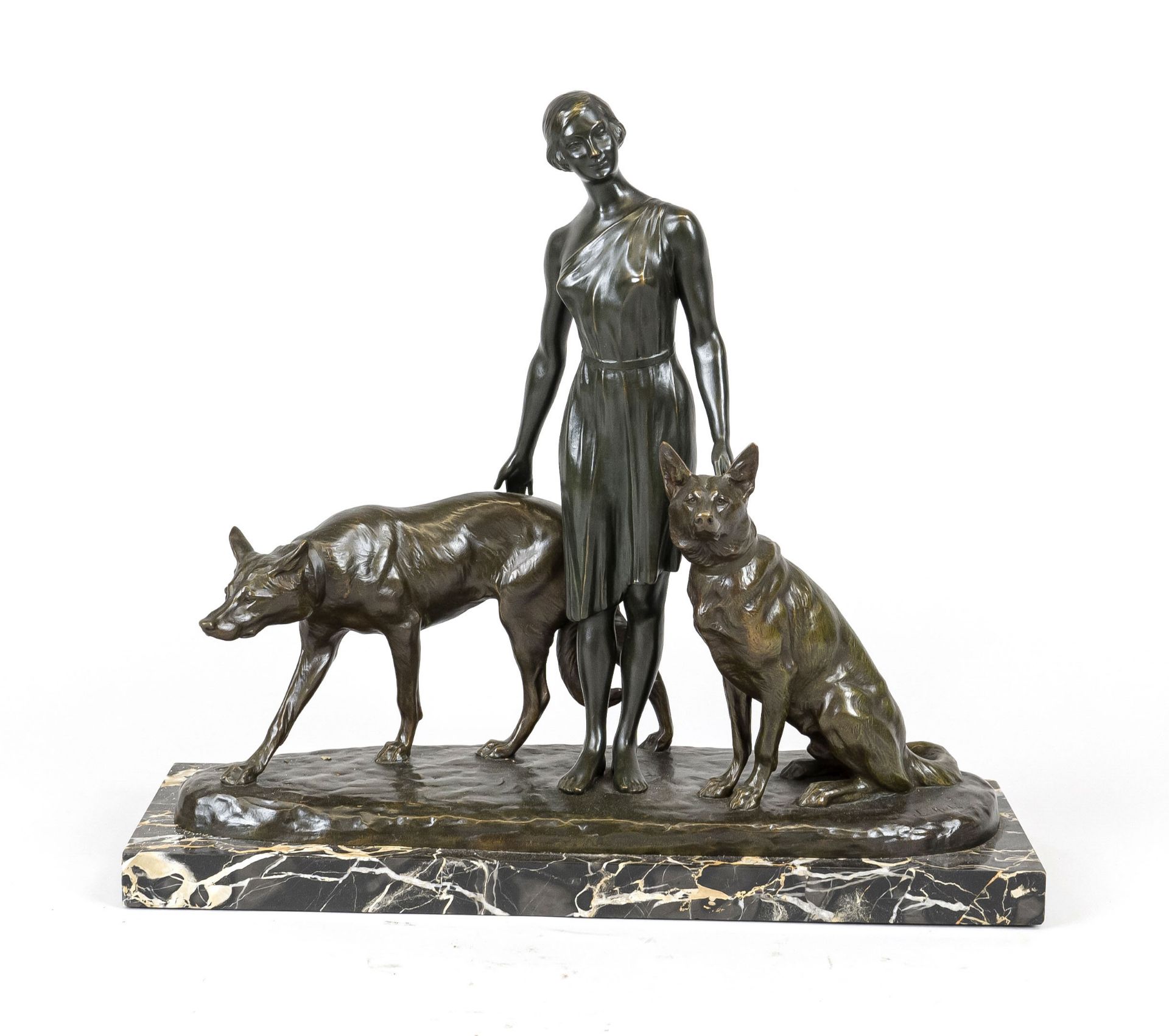 Louis Riché (1877-1949), French sculptor, large group of a woman with two shepherd dogs, dark