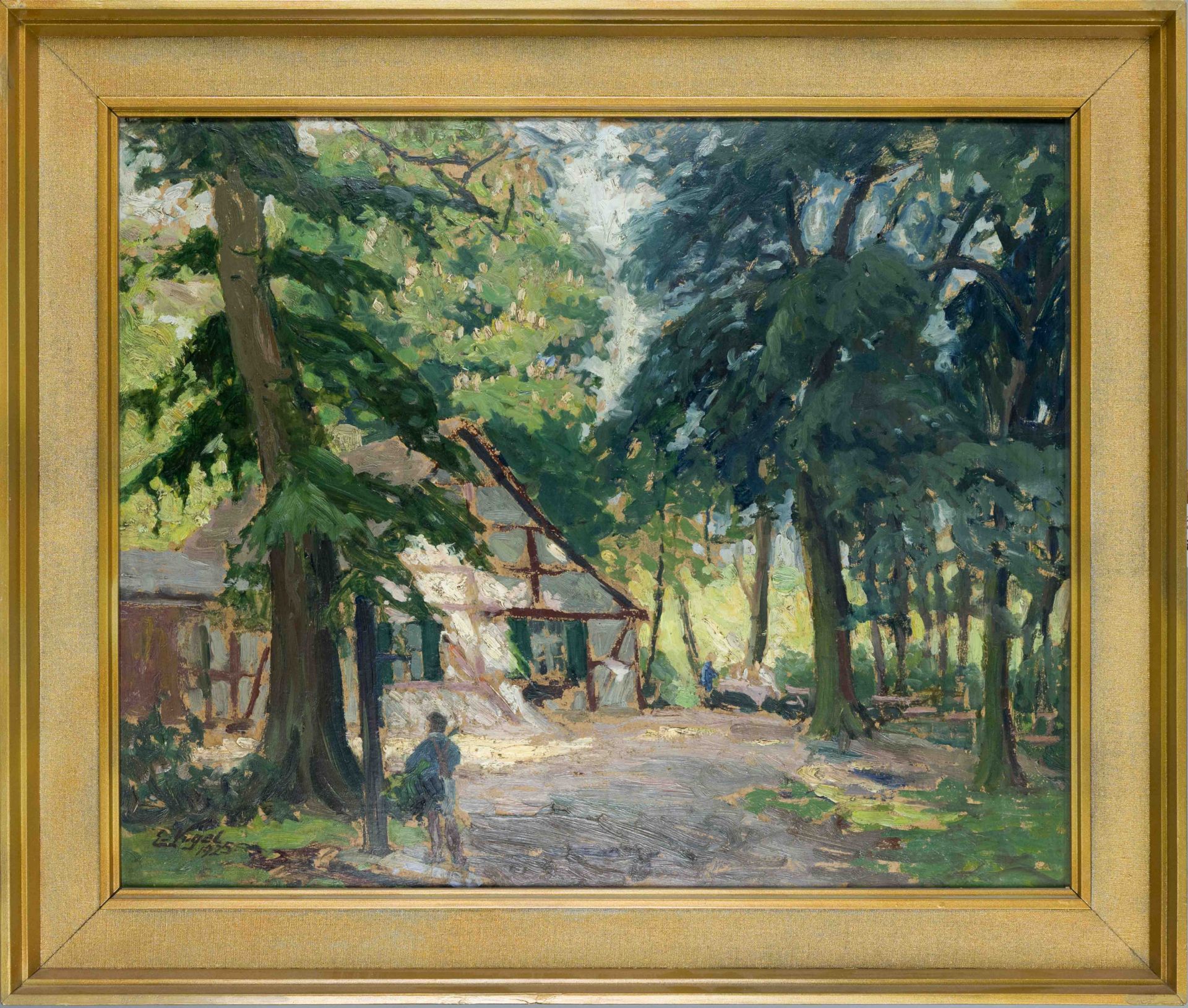 E. Vogel, Impressionist around 1920, Forest landscape with half-timbered house and staffage in