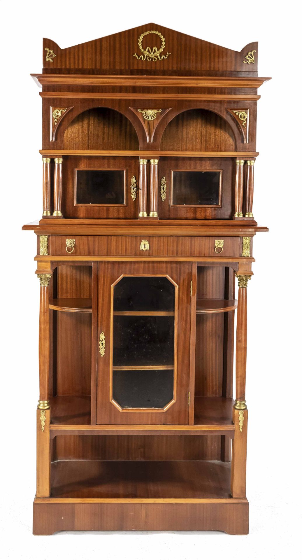 Decorative Empire-style cabinet, 20th century, striped mahogany veneer, rectangular, architecturally