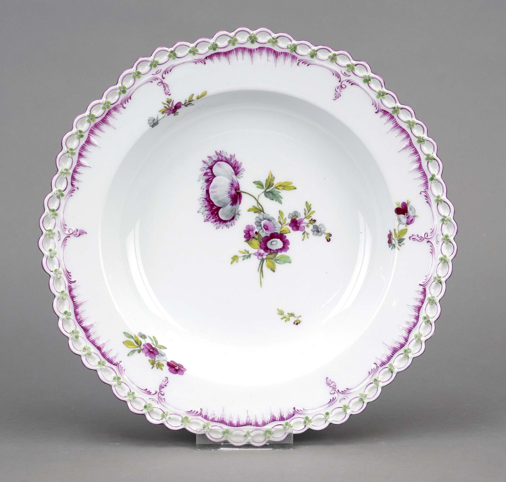 A soup plate, KPM Berlin, c. 1800, 1st choice, Königsglatt form, cross flowers in green,