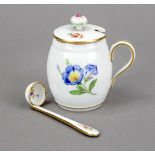 Mustard jar with lid and spoon, Meissen, mark after 1934, 2nd choice, shape New cut-out,