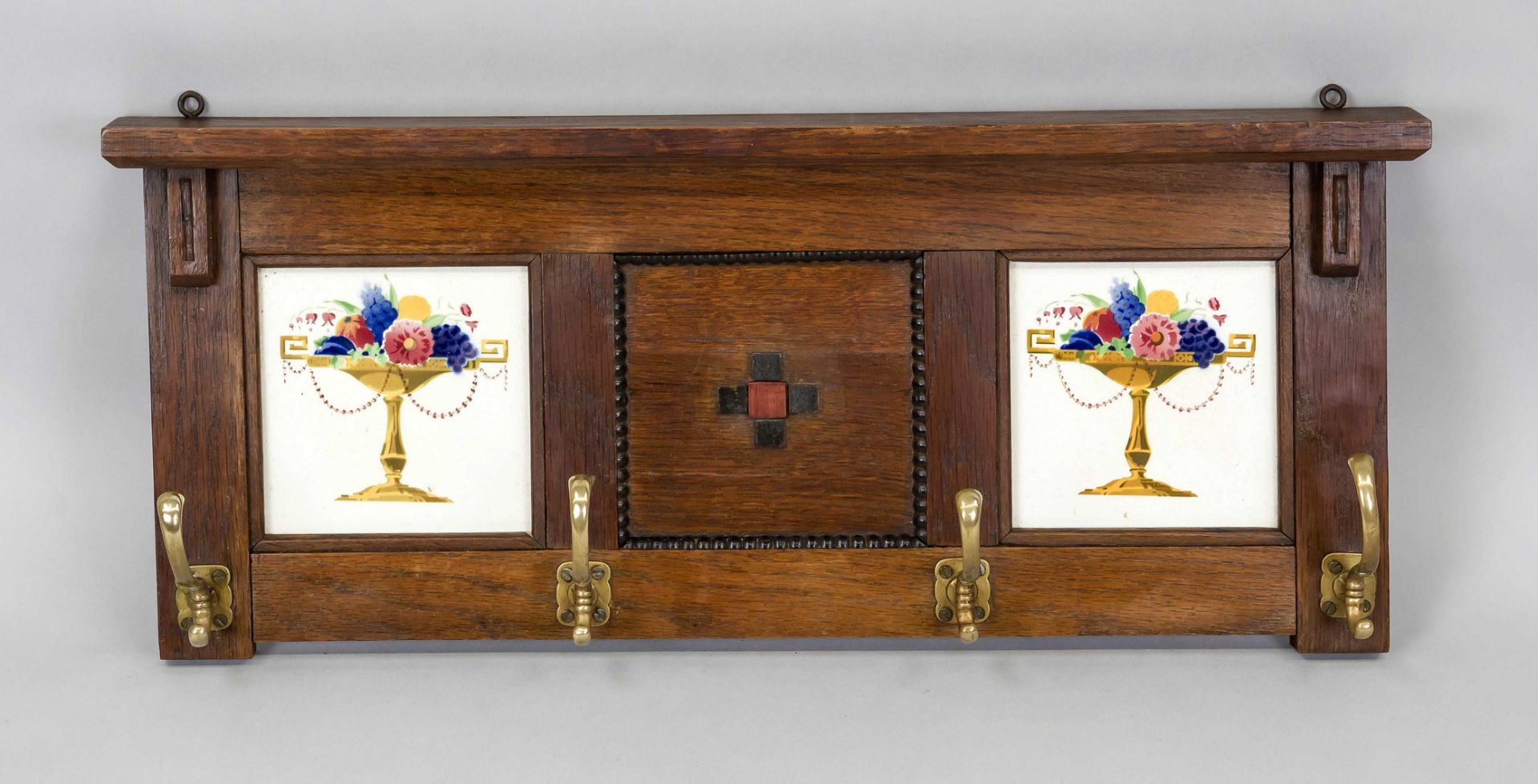 Small wall coat rack, c. 1900, architecturally designed oak plinth with tiles with sprayed