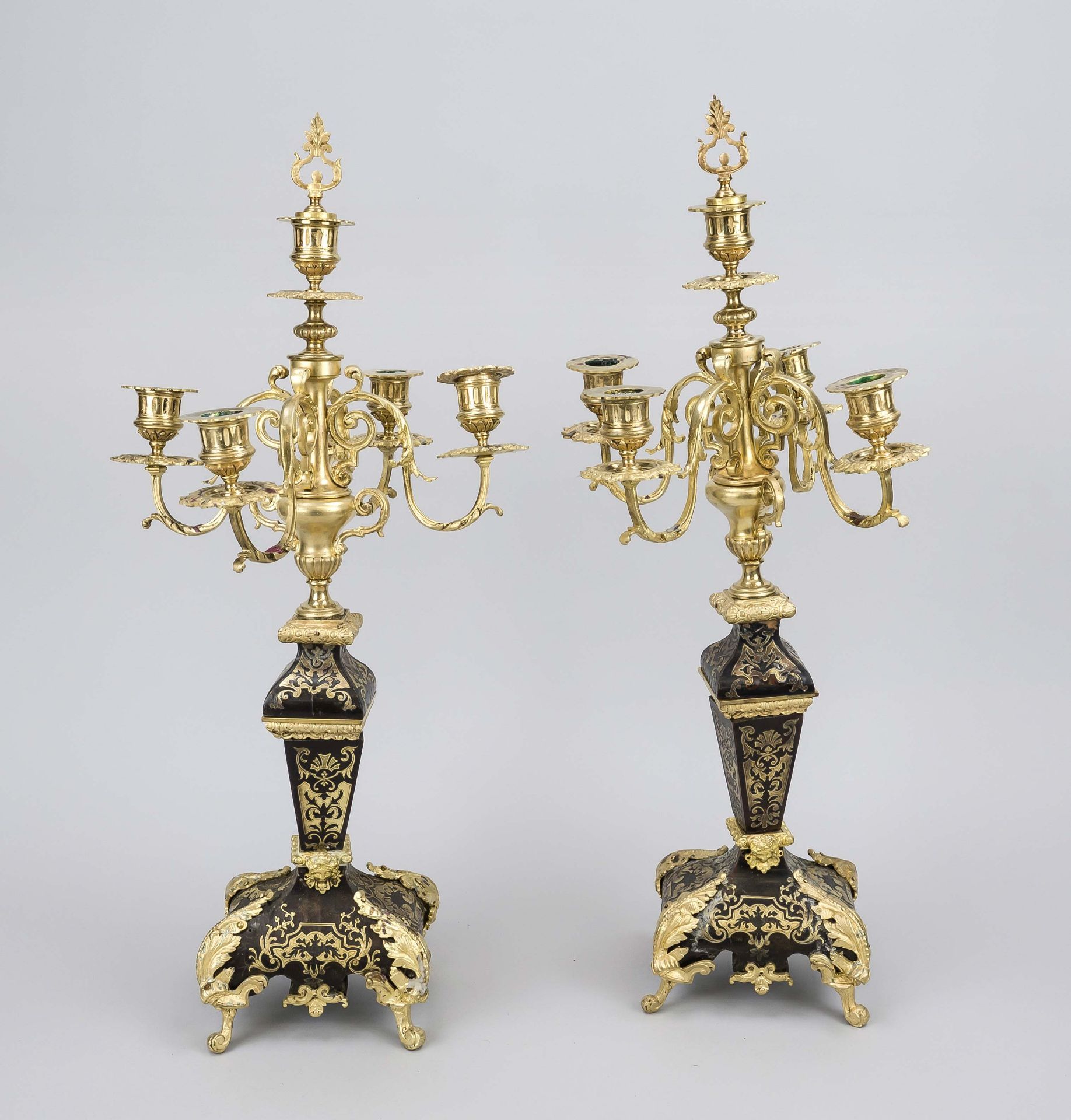 Pair of candlesticks with Boulle marquetry, 19th century Dark, finely grained hardwood with