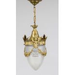 Ceiling lamp, late 19th century, brass frame on chain, etched glass shade with cut decoration, h. (