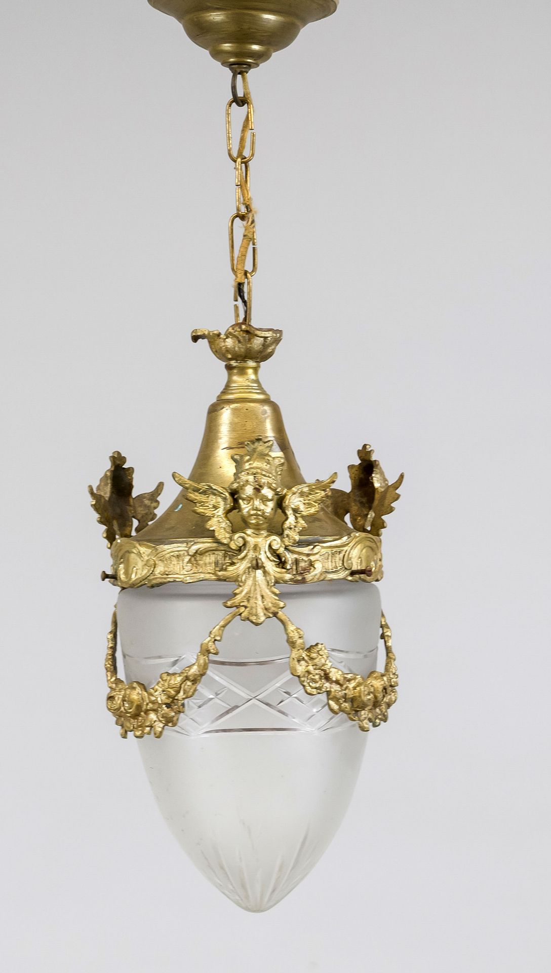 Ceiling lamp, late 19th century, brass frame on chain, etched glass shade with cut decoration, h. (