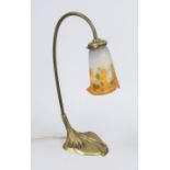 Art Nouveau table lamp. France, c. 1900, with orange glass shade signed Muller Freres, organic