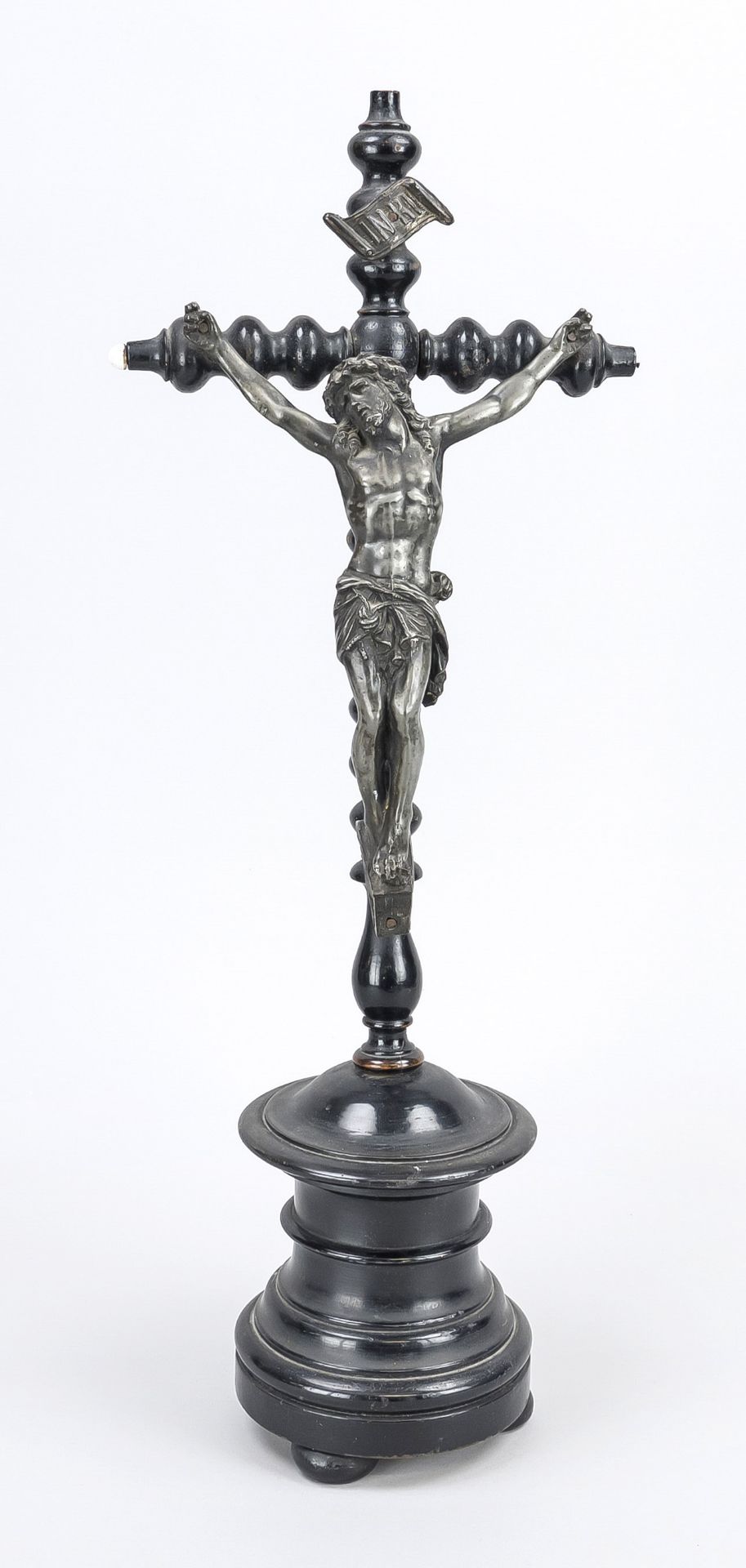 Crucifix, 19th century, wood, turned and ebonized, three-nail type probably made of silver, h. 53
