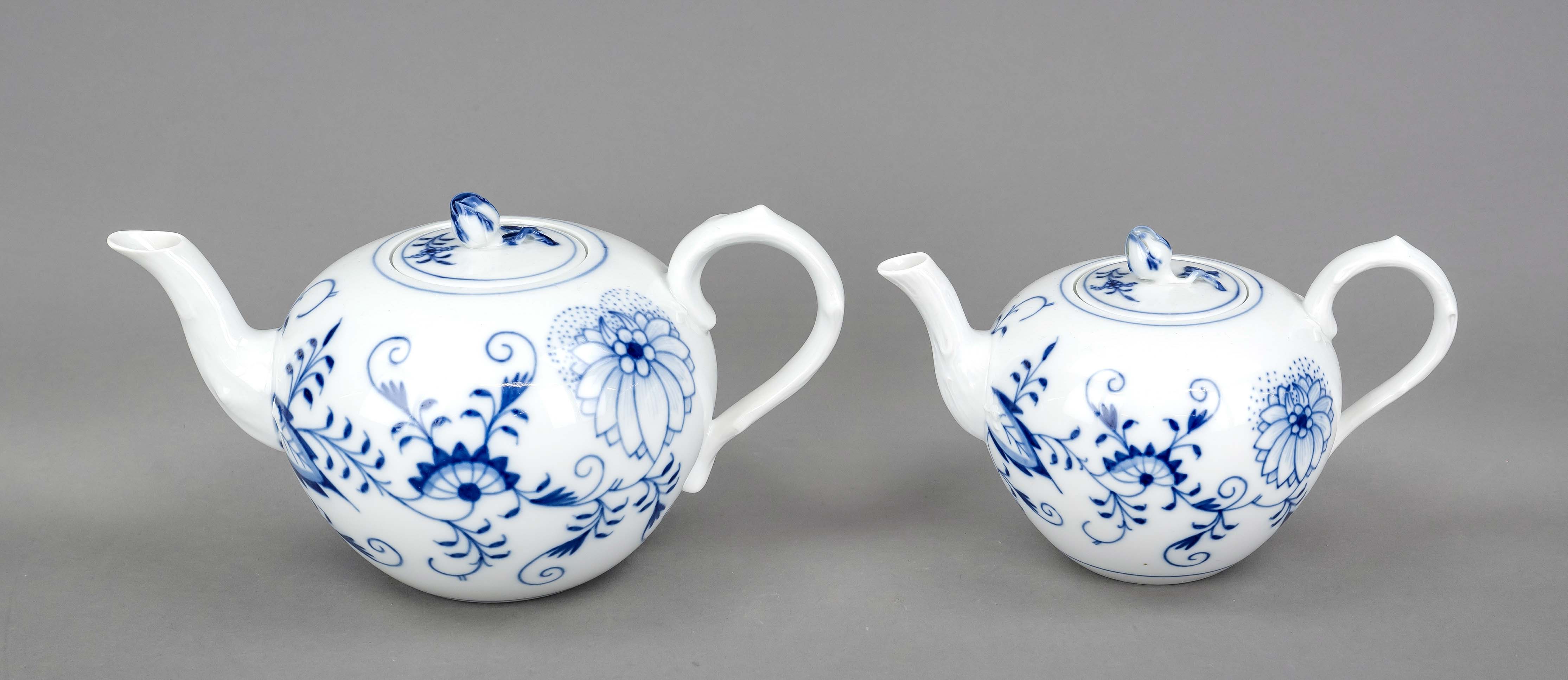 Two teapots, Meissen, marks after 1934, 3 cut marks, branch handles and flower knob, onion pattern