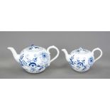 Two teapots, Meissen, marks after 1934, 3 cut marks, branch handles and flower knob, onion pattern
