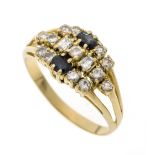 Sapphire-brilliant ring GG 750/000 unmarked, tested, with 2 round faceted sapphires 3.5 mm as well