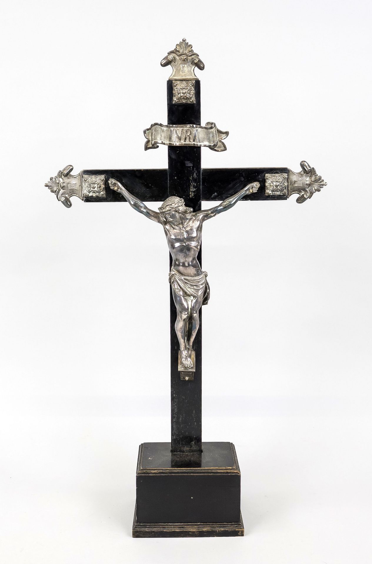 Christ on the cross, 19th century, wood painted/staffed black. Figure of Jesus and decorative