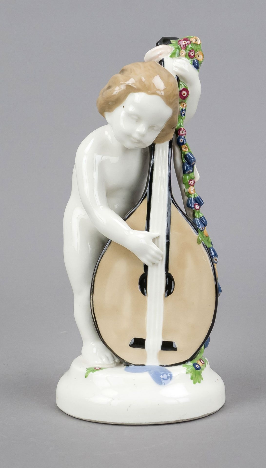 Art Nouveau figure, putto with double bass, Kunstkeramische Fabrik A. Förster & Co., Vienna, c.
