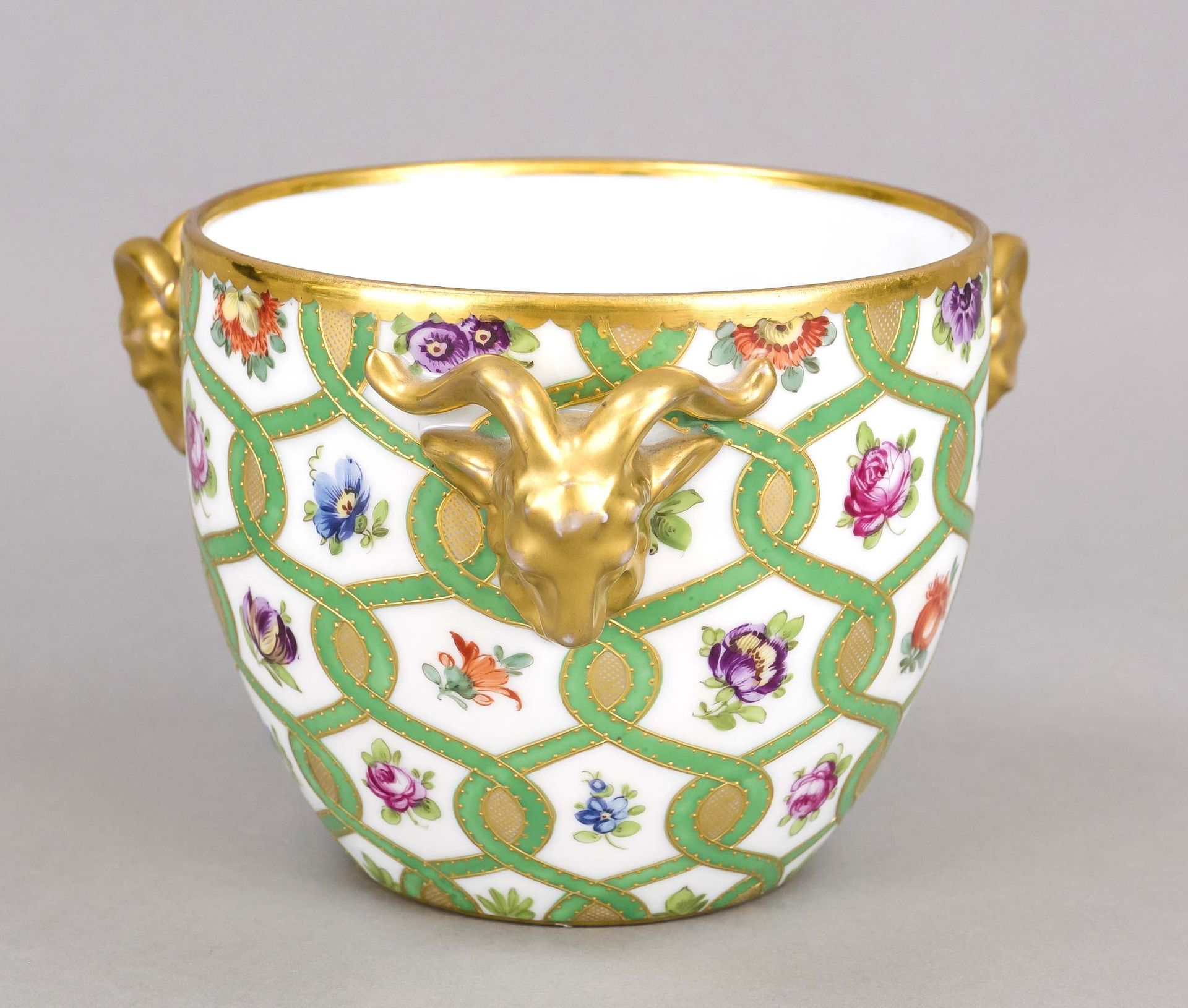 Cachepot, France, Sevres imitation mark, 20th century, surrounding painting with flowers,