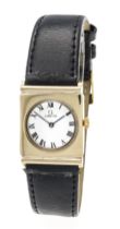 Omega ladies' wristwatch, GG 750/000, polished case with leather strap, silvered dial with black