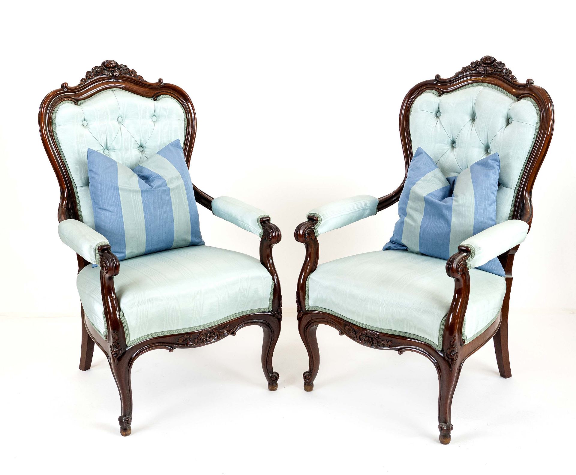 Pair of armchairs, Louis-Philippe c. 1860, mahogany, curved frame with carved top, 110 x 65 x 60