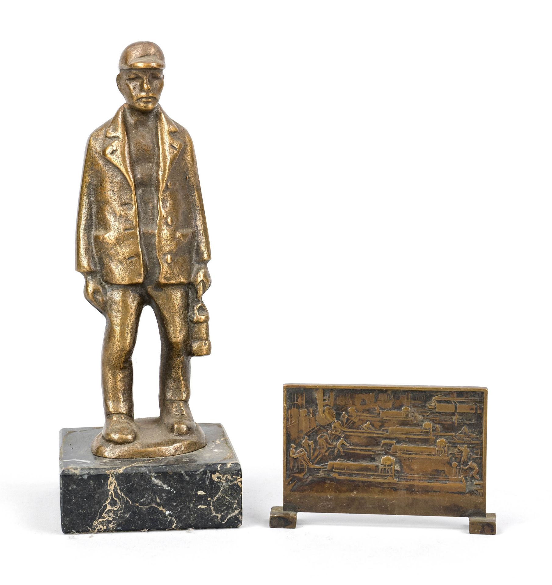 Anonymous sculptor 1st half 20th century, standing miner, solid bronze on marble plinth, unsigned,