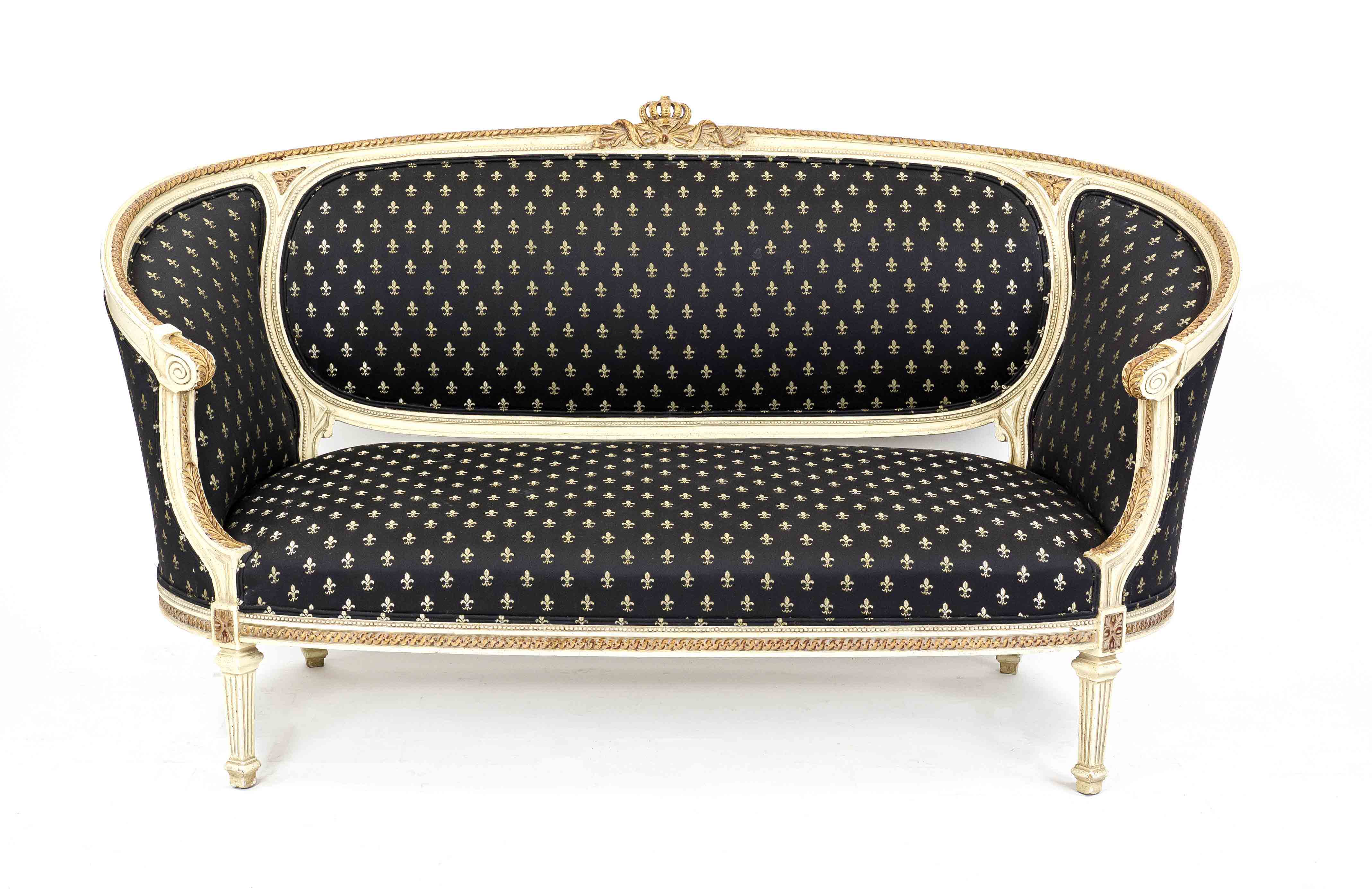 Elegant sofa in Louis-Seize style, 20th century, beechwood carved, painted and partially gilded,