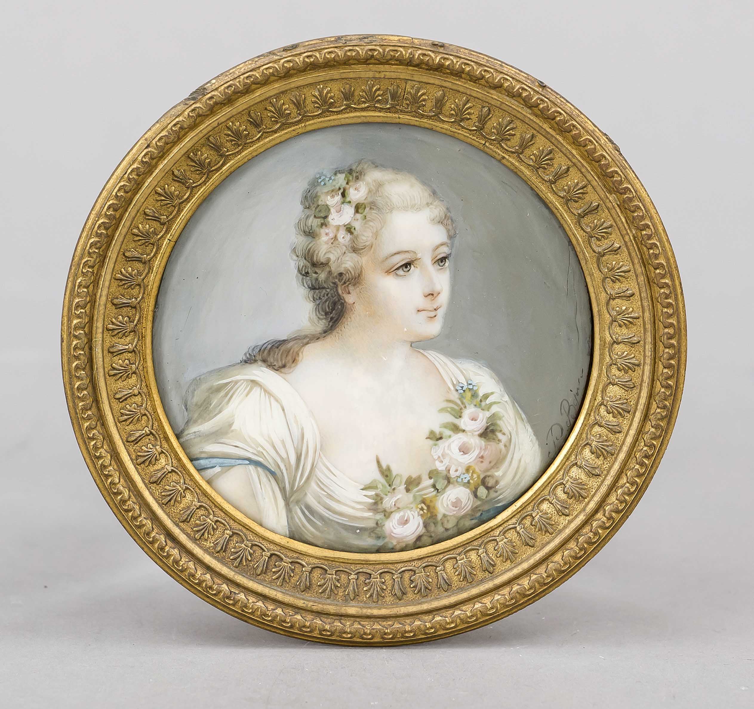 Miniature, 19th century, polychrome tempera painting on bone plate, unopened, round portrait of a