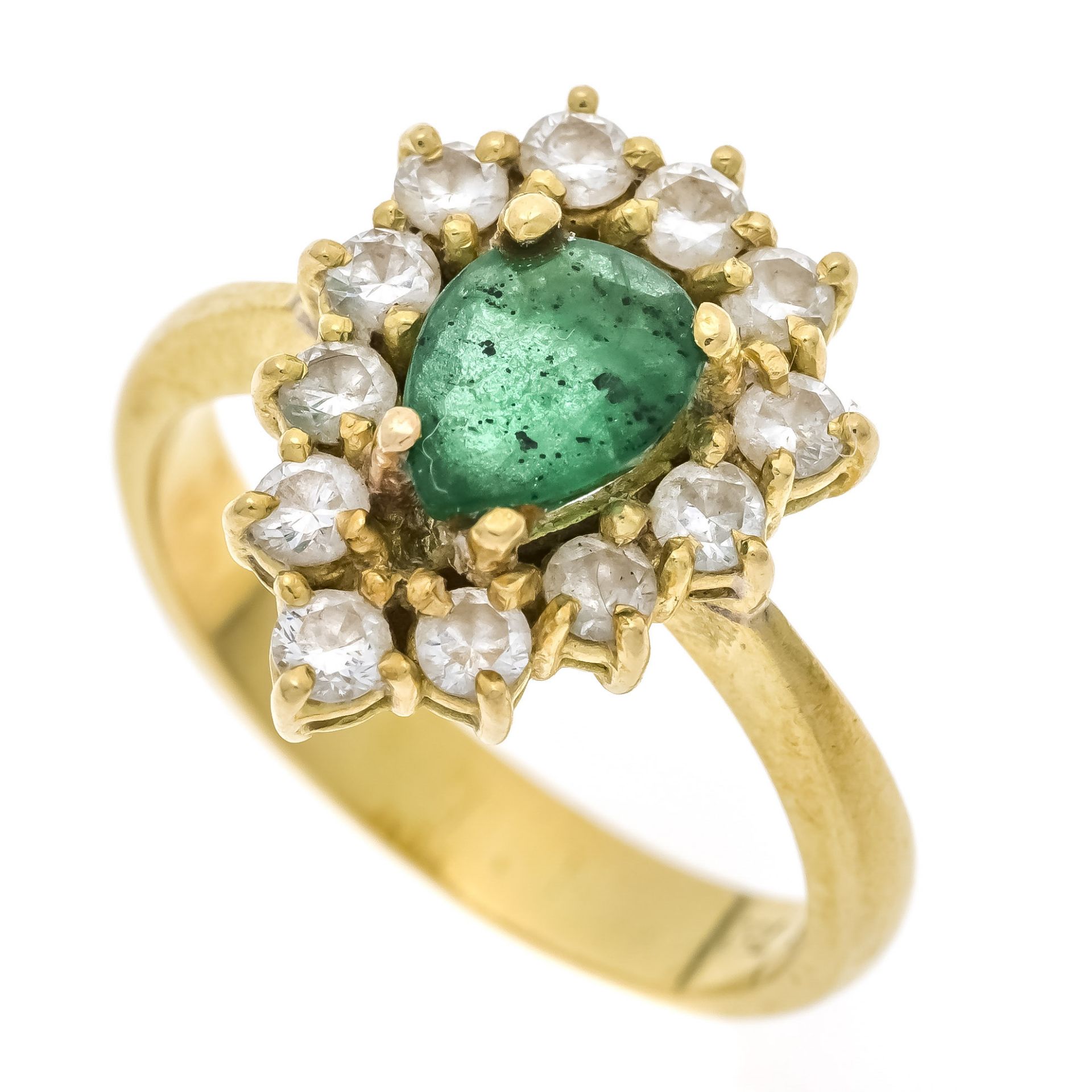 Emerald-brilliant ring GG 750/000 with a faceted emerald drop 0.70 ct green, translucent and 12