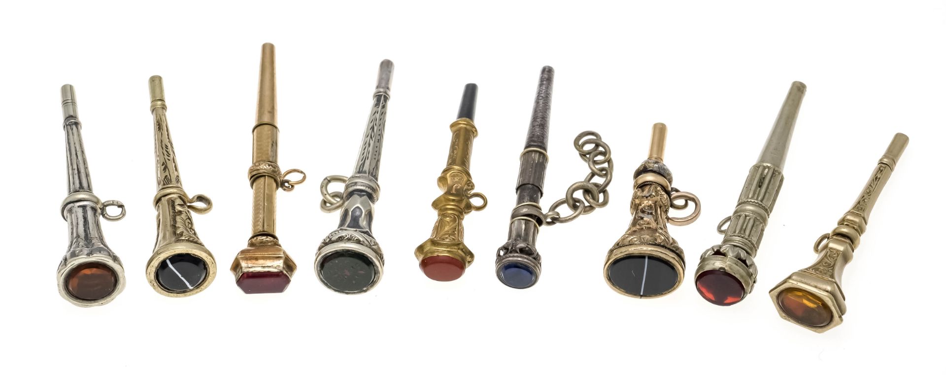 9 antique pocket watch keys, 19th century, in the head with various stones such as agate, onyx,