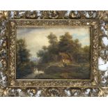 Anonymous German painter of the 19th century, Landscape with wooden bridge and staffage, oil on