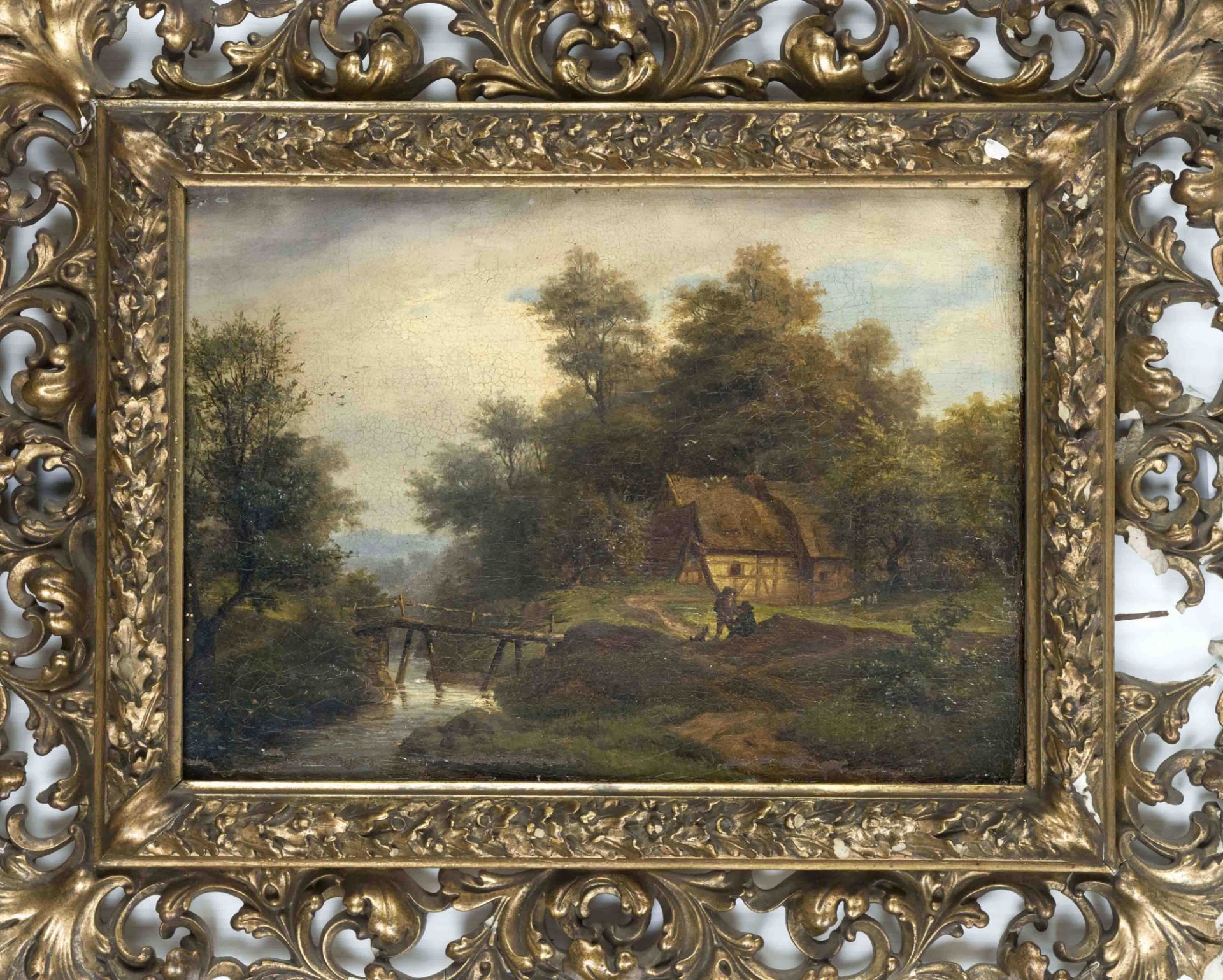 Anonymous German painter of the 19th century, Landscape with wooden bridge and staffage, oil on