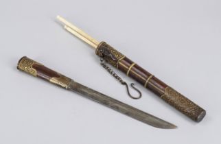 Dragon travel cutlery, China, 20th century, rosewood and brass mountings, bone chopsticks and