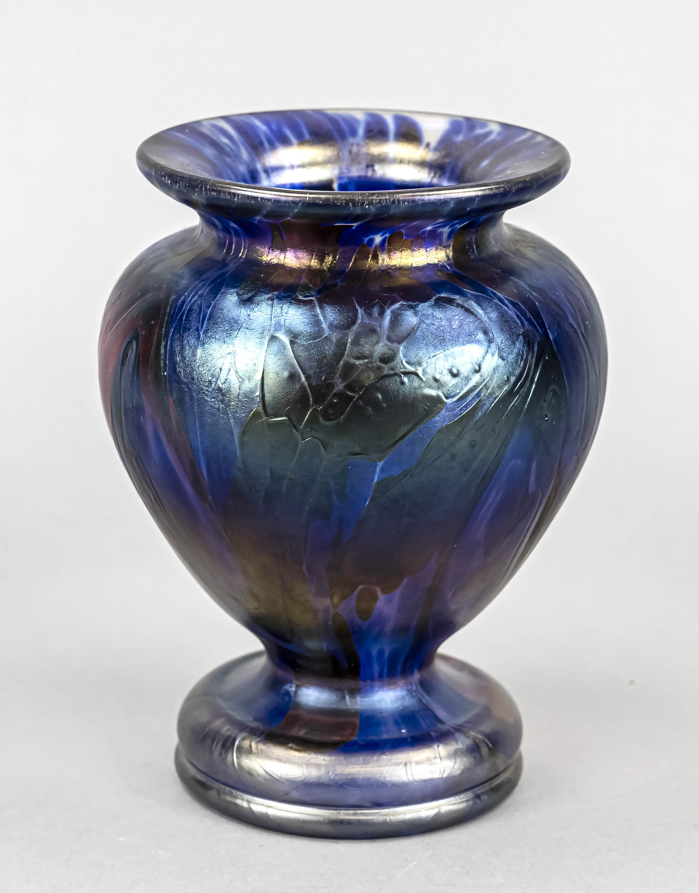 Vase, 20th century, round base, bulbous body, flared rim, clear glass with red and blue stain