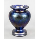 Vase, 20th century, round base, bulbous body, flared rim, clear glass with red and blue stain