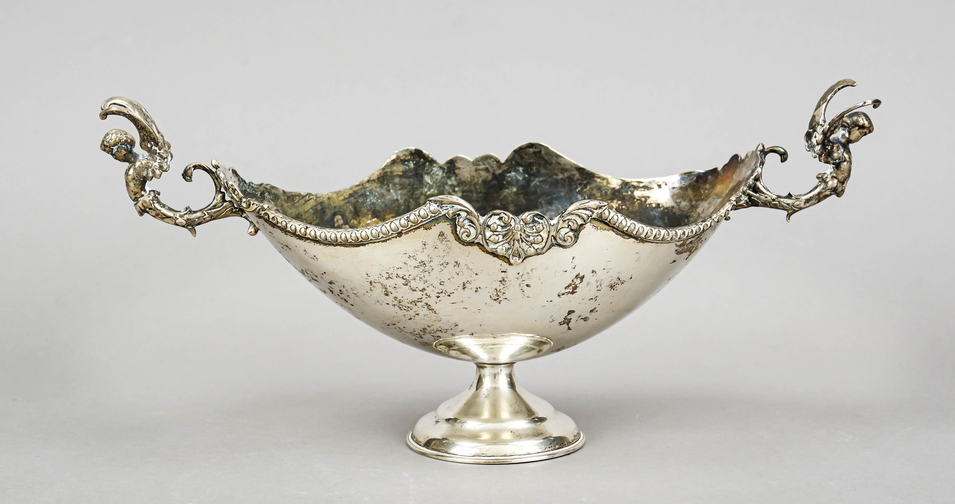 Jardiniere, 20th century, silver tested, round stepped stand, boat-shaped body, figural handles to
