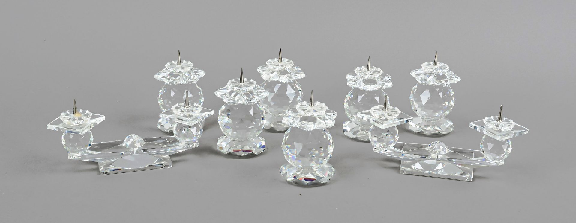 Eight candlesticks, 2nd half 20th century, Swarovski, 2x 2-light, 6x 1-light, each clear glass,