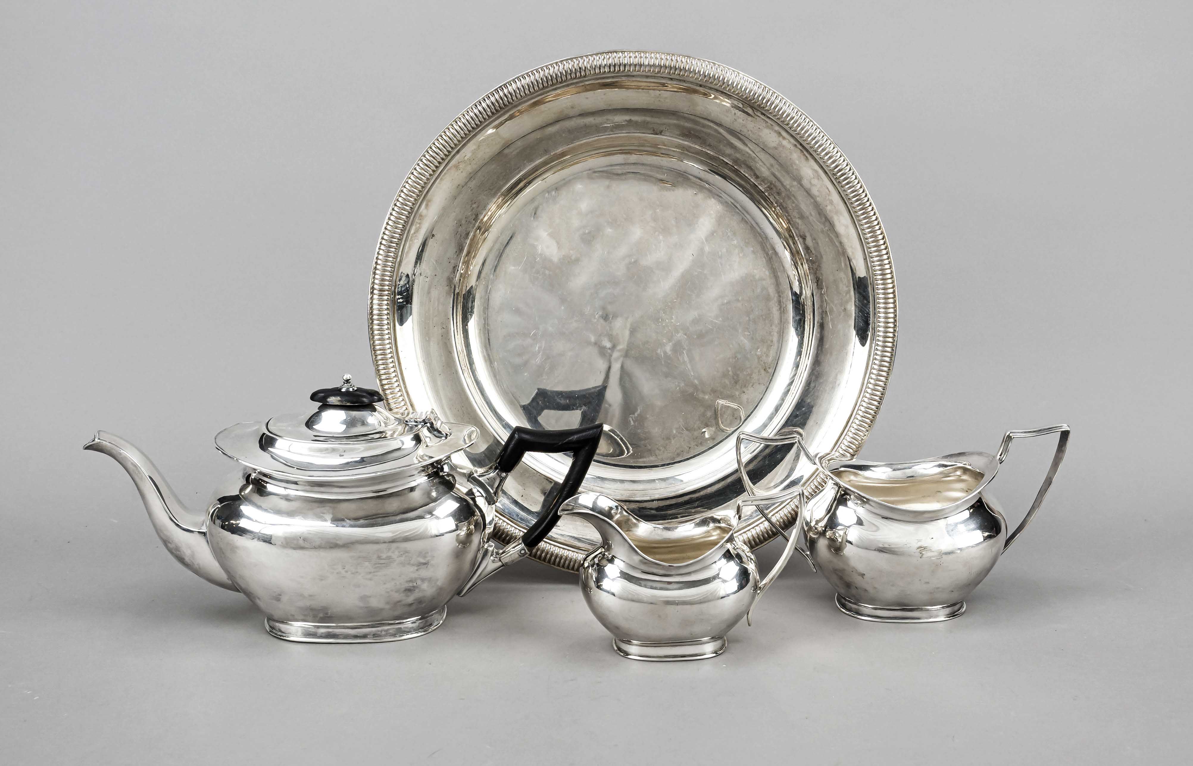Three-piece tea set, 20th century, plated, rectangular stand with rounded corners, bulbous, smooth