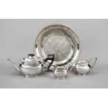 Three-piece tea set, 20th century, plated, rectangular stand with rounded corners, bulbous, smooth