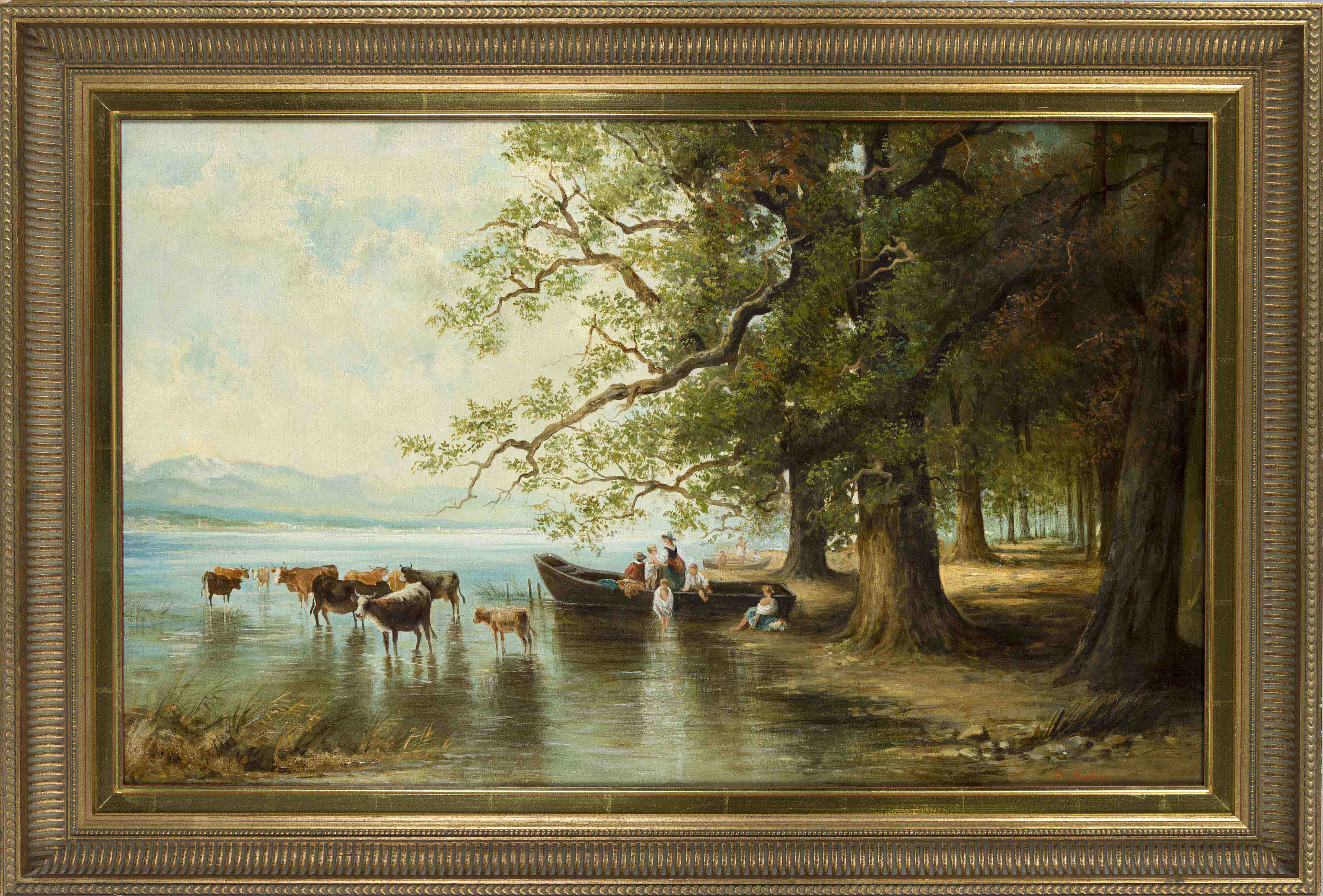 M. Lindner, southern German painter late 19th century, Shore scene at Lake Chiemsee with cows and