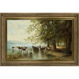 M. Lindner, southern German painter late 19th century, Shore scene at Lake Chiemsee with cows and