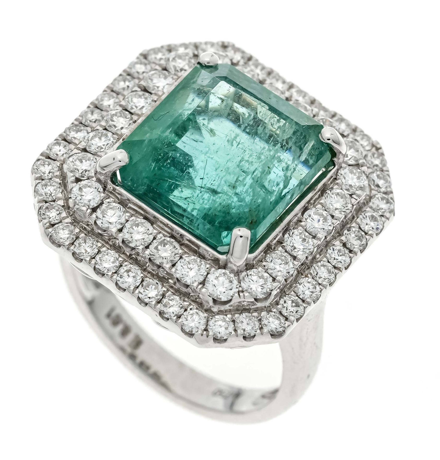 Emerald-brilliant ring WG 750/000 with a fine emerald cut faceted emerald 9.56 ct in a luminous