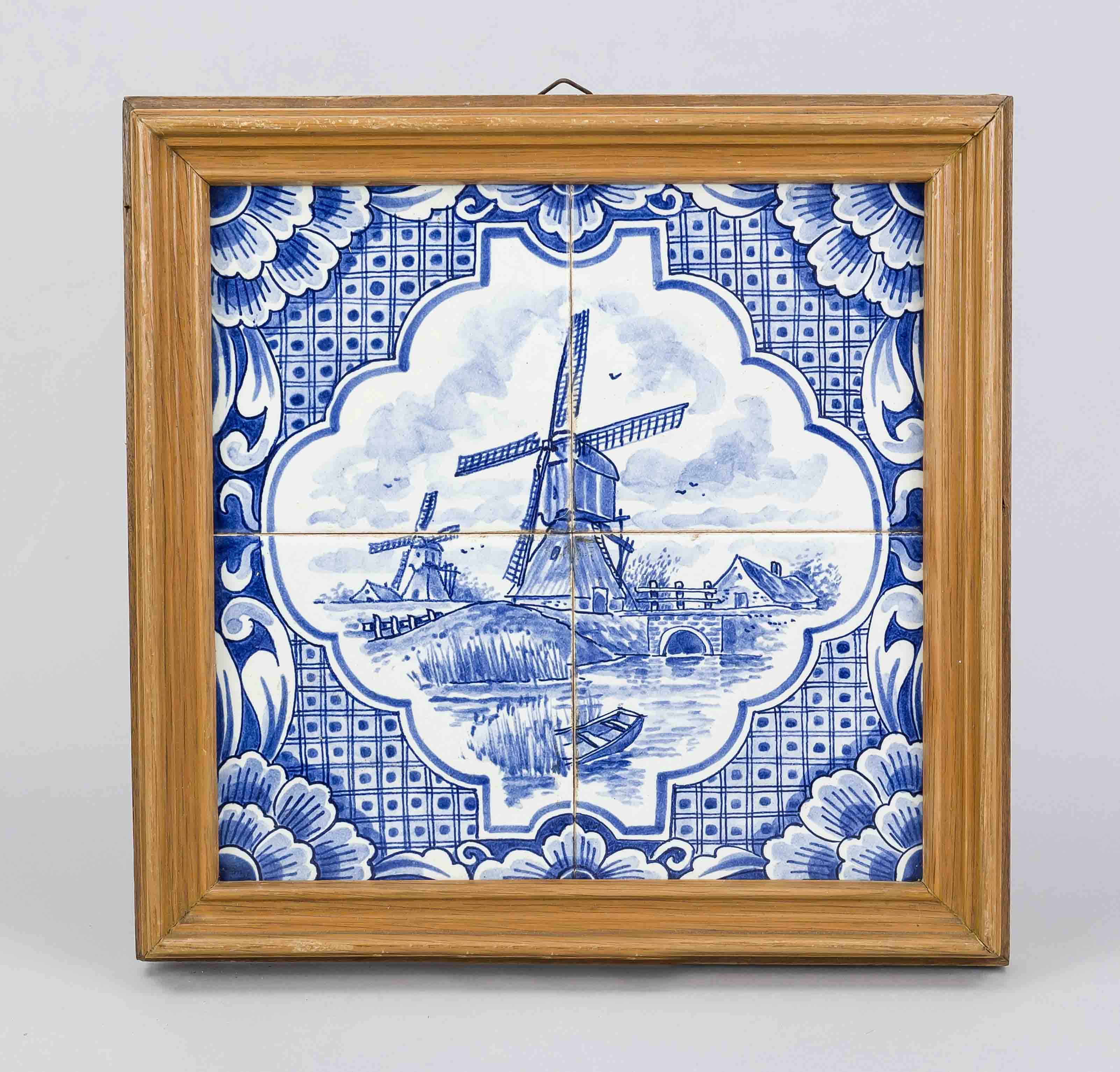 Tile tableau, Holland 20th century, cobalt blue decoration with windmill in matching curved